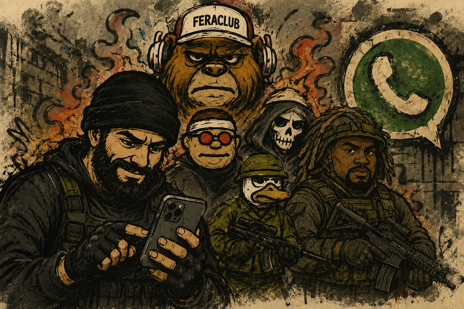 Arte original da Comunidade FERACLUB com Nuke, Malvado, Neno, Pato e Jordan
